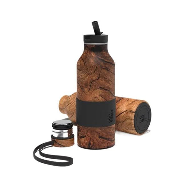 CON-TATTO walnut lid water bottle, sleek BPA-free design, lightweight & portable, great boyfriend gift.